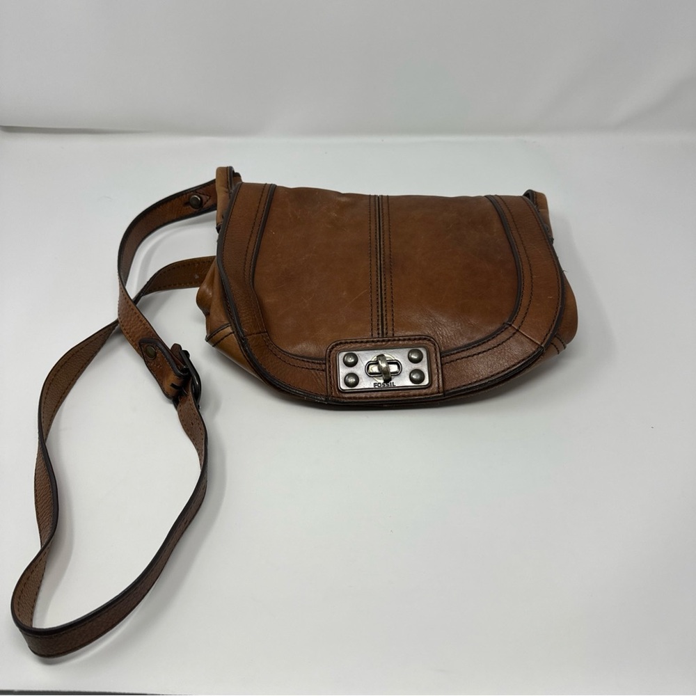 FOSSIL Purse Brown Pebbled Leather Crossbody Bag Pockets Adjustable Strap